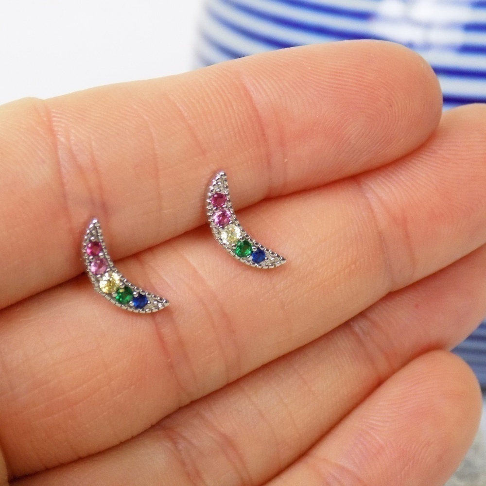 new in pouch 925 sterling dainty rainbow crescent moon post multicolor stones